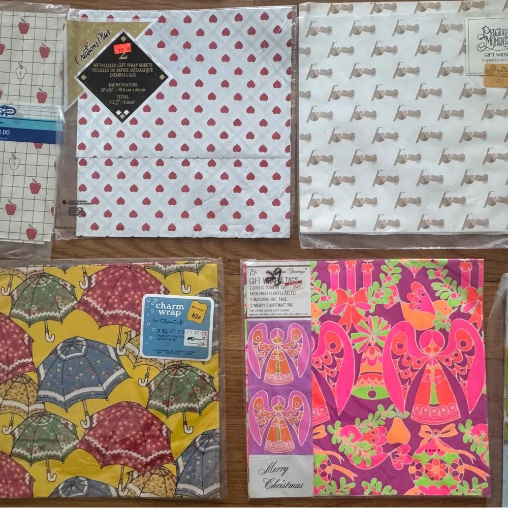 Vintage Gift Wrap Lot Assorted Designs Angels Swans Folk Art Sailboats Ephemera